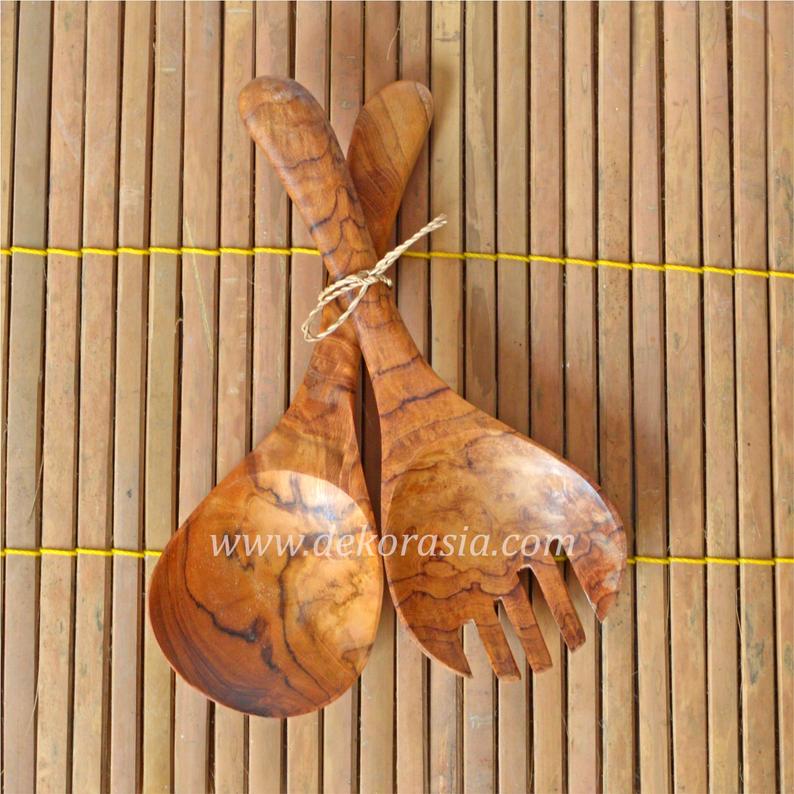 Teak Wooden Spoon and Fork - Round Type - Length 12.2 Inches | Kitchenware